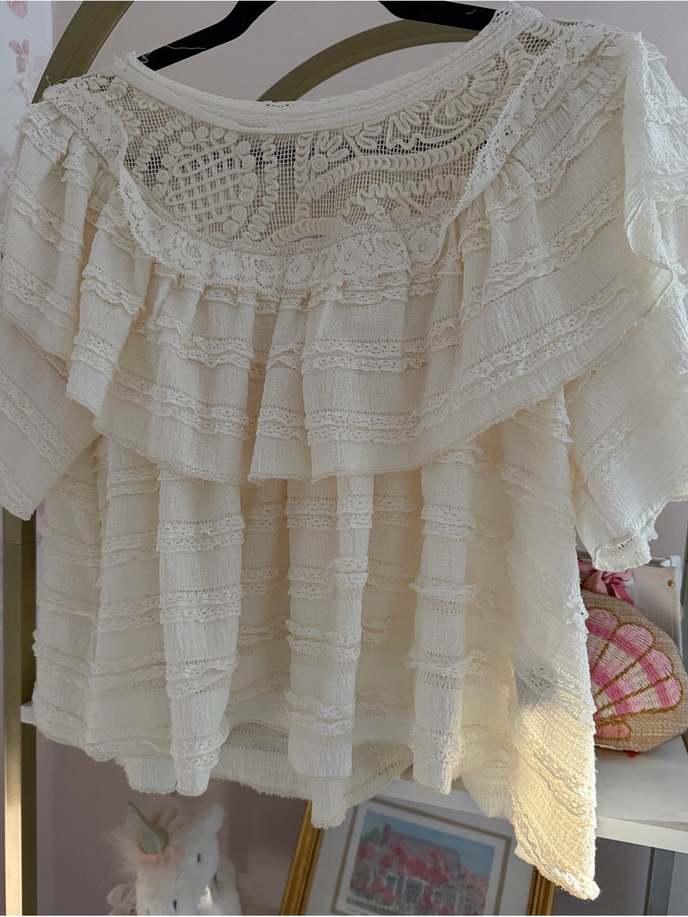 POL Cream Lace Ruffle Peasant Top